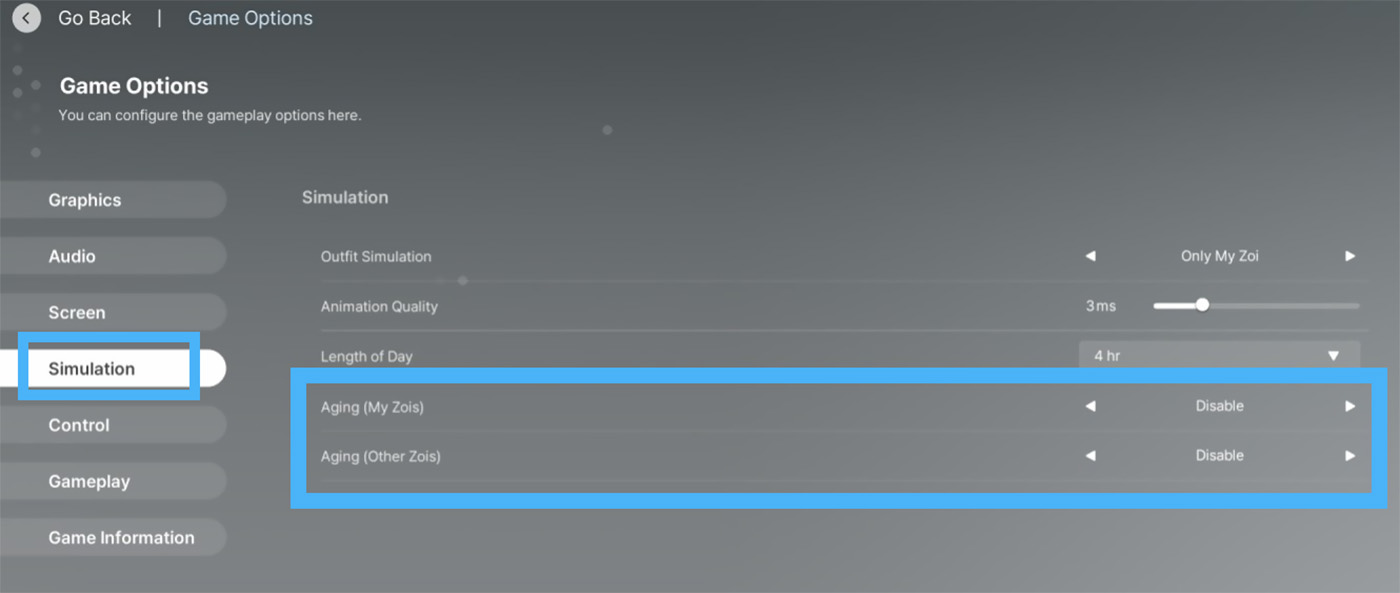 Disable Aging in Game Options