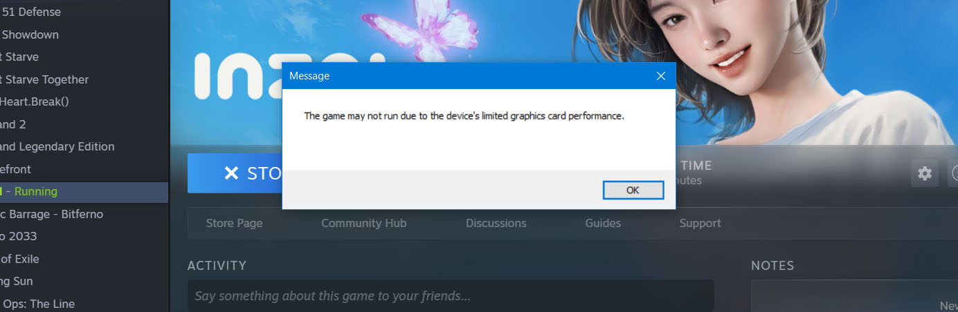 inZOI Limited Graphics Card Error Message